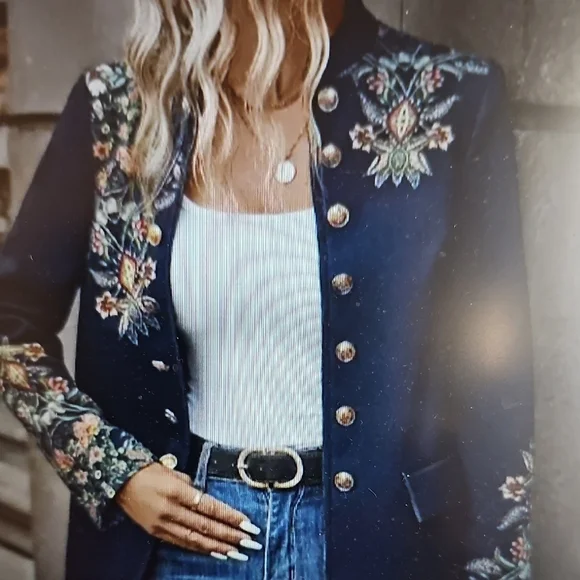 NWT Sinhoon Navy Double Breasted Gold Tone Button Tailored Floral Blazer XL - Picture 3 of 12